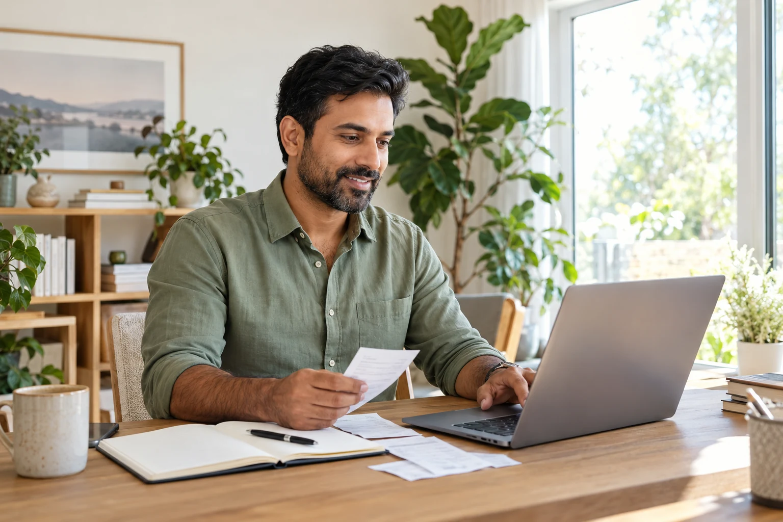 A freelance consultant reviewing bookkeeping at his desk