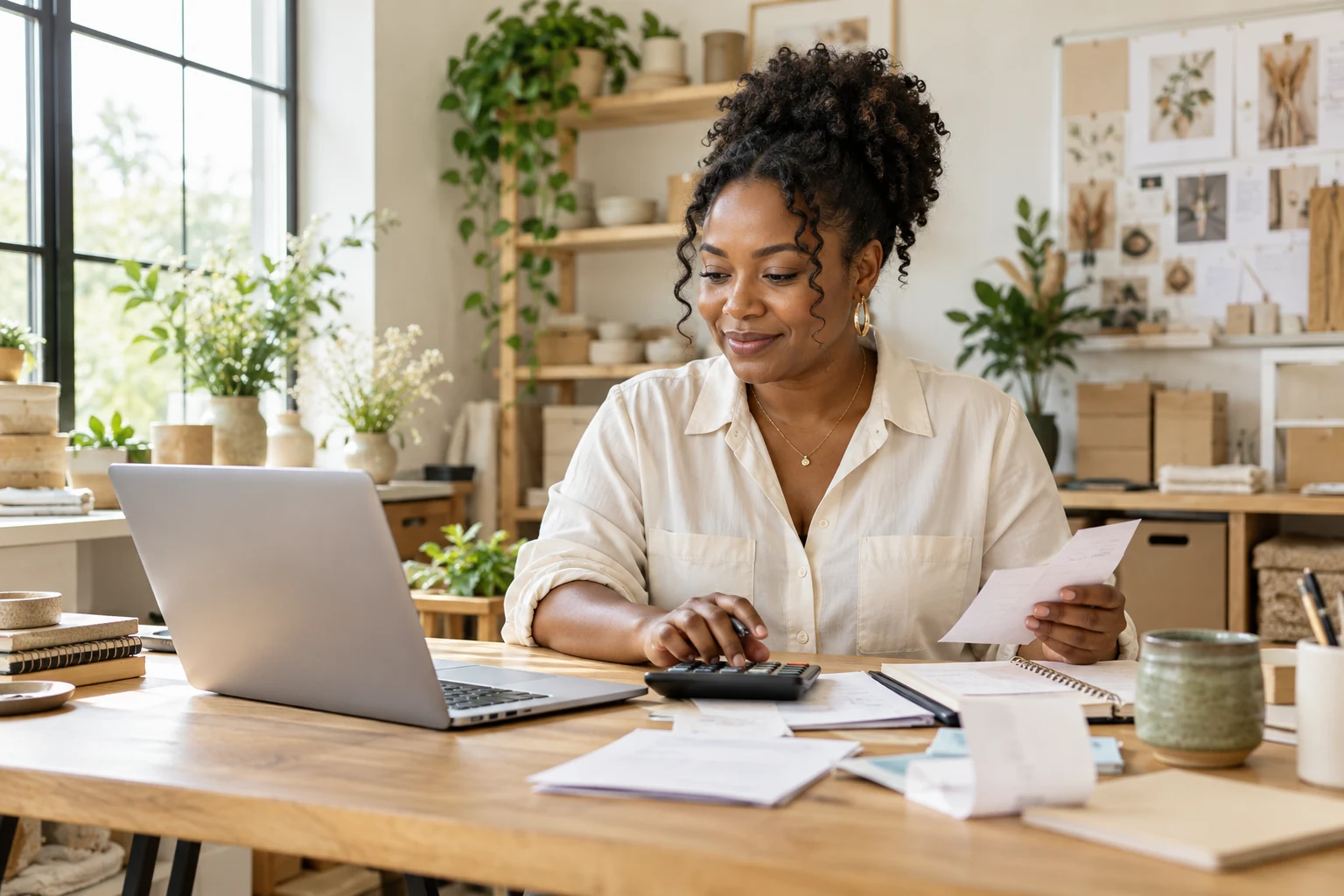 A small-business owner organising invoices and receipts
