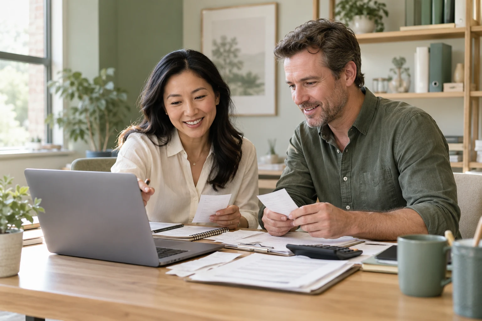 Two colleagues reviewing business expenses together