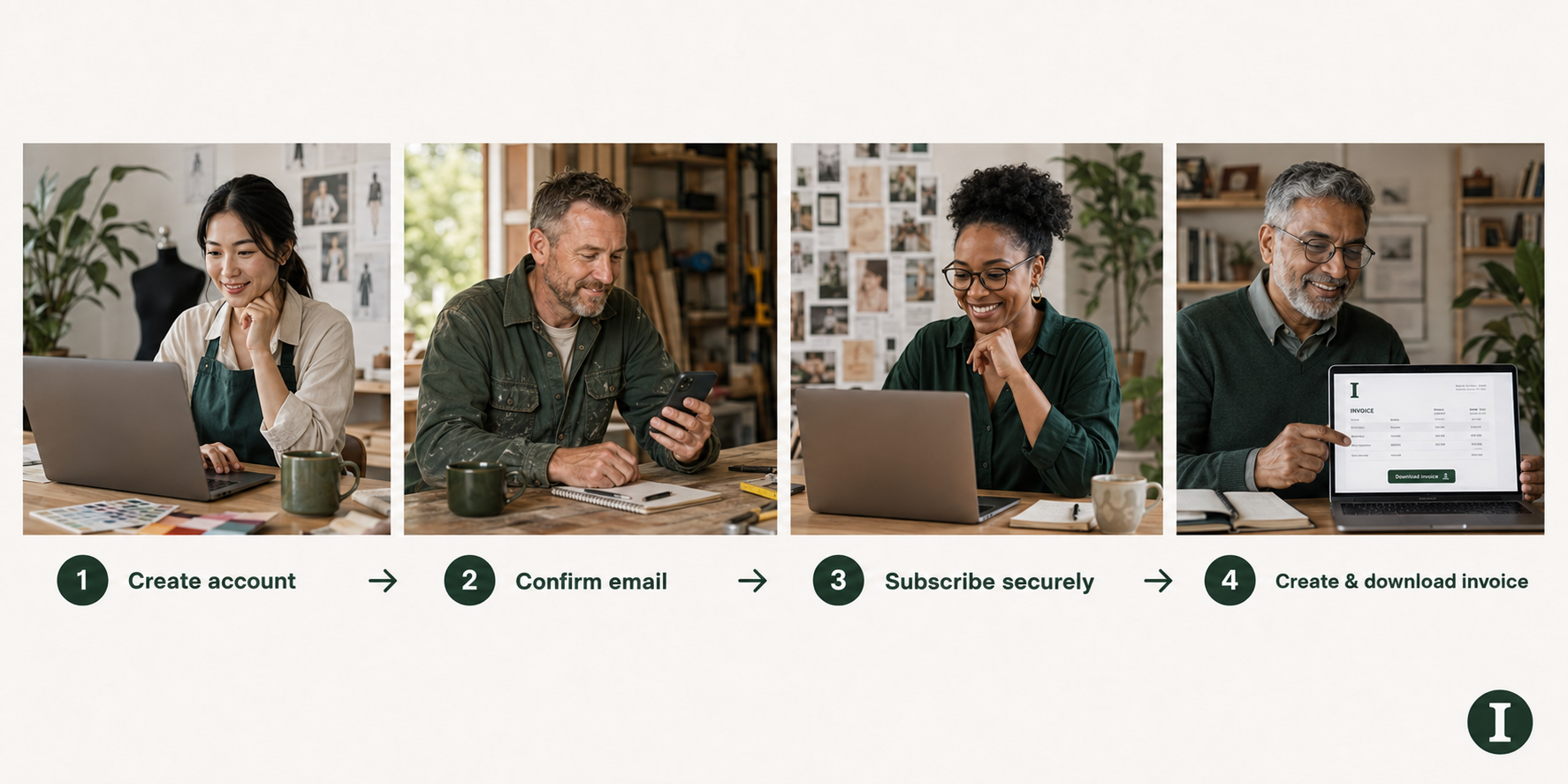 Four different small-business customers creating an account, confirming their email, subscribing securely, and downloading an invoice